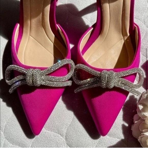 ZARA Fuchsia Pink Satin Embellished Crystal Bow Sling Back Heels - Picture 7 of 16